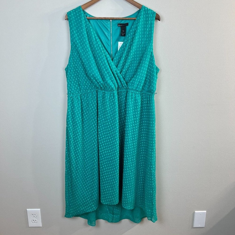 Lane Bryant Dress 18/20 Green V-Neck Sleeveless Polka Dot High Low Knee Length‎